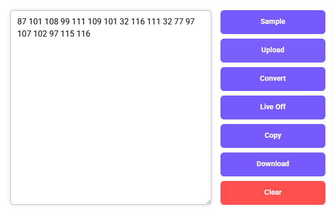 ASCII to Text Converter​ with input values and empty binary output