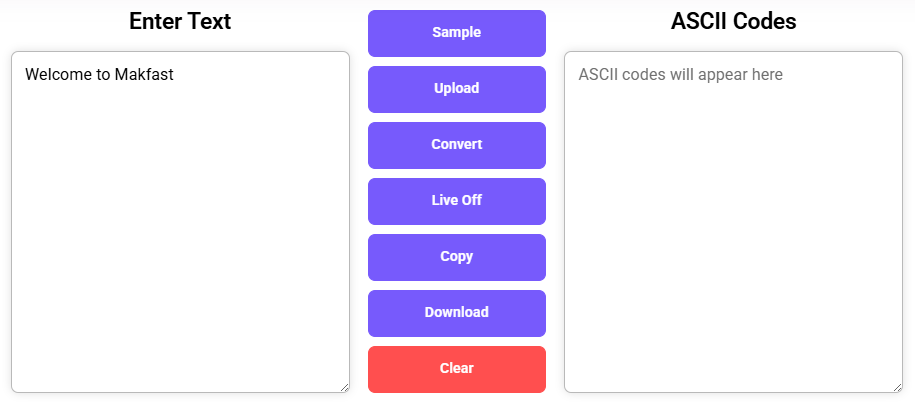 Character to ASCII Converter with input values and empty ASCII code