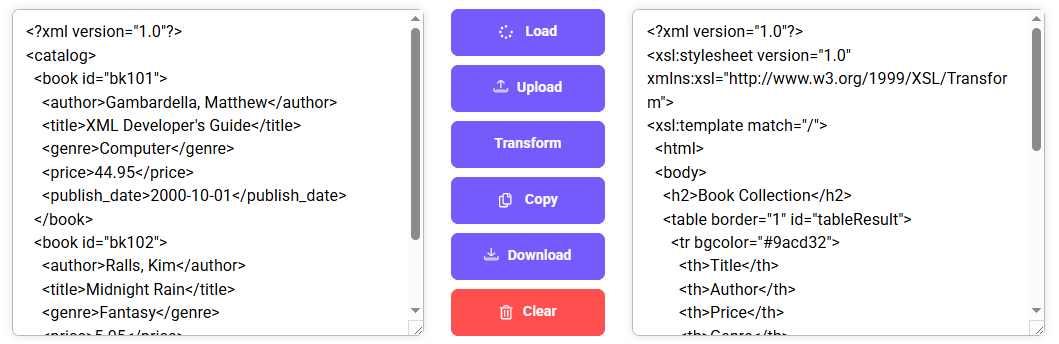 XML to XSL converter interface displaying two panels