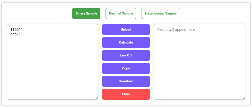 Logic Gates OR Calculator interface with binary inputs, action buttons, and result display area.