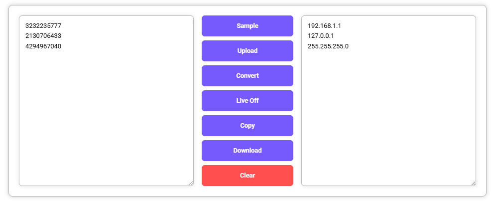 Decimal to IP converter displaying decimal inputs and their corresponding IP addresses, including 192.168.1.1 and 127.0.0.1.