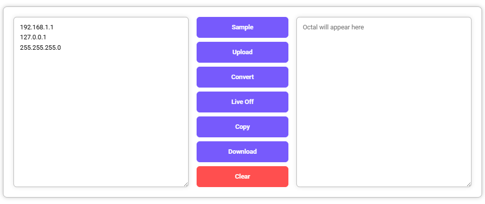 IP to Octal Converter interface with input IP addresses and empty output field.