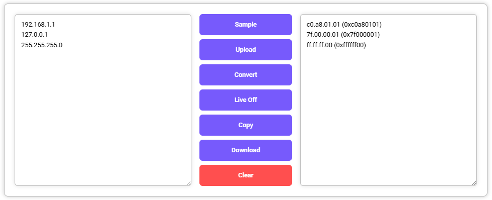 IP to Hex Converter showing input IPs with their hexadecimal equivalents.