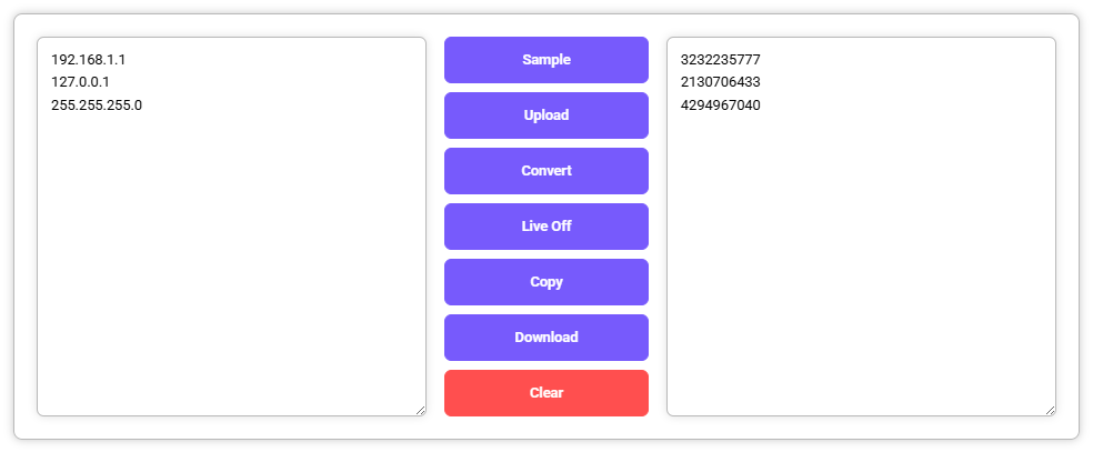 IP to Decimal Converter showing decimal equivalents of input IP
