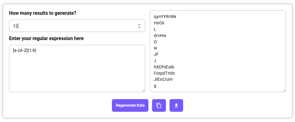 Random Data Generator generating 12 results using a custom regex pattern with output displayed on the right.
