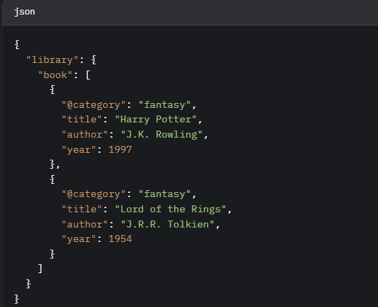 JSON with two fantasy books: "Harry Potter" and "Lord of the Rings"