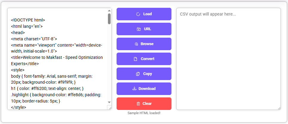 Html to Csv Converter Converter tool interface with left panel displays HTML input