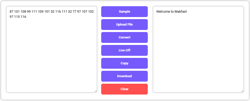 Decimal to ASCII converter showing input numbers and output text