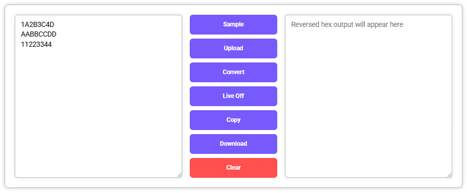 Reverse Hex Converter with hex input values and empty output field.