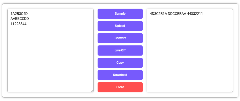 Reverse Hex Converter showing hex inputs and reversed outputs on the right
