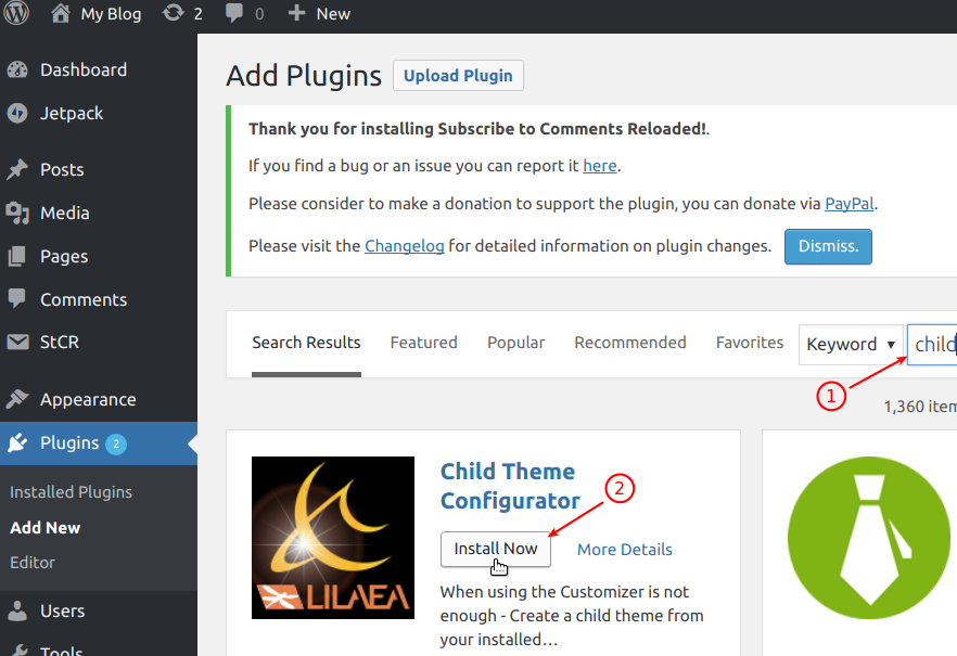 Installing the Child Theme Configurator plugin in WordPress.