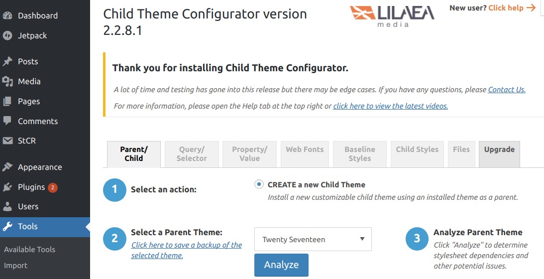 Generate a Child Theme Configurator plugin in WordPress.