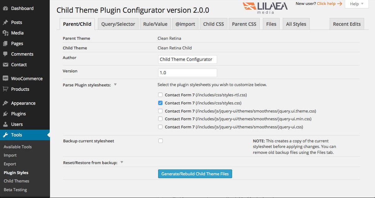 Configure and create the Child Theme Configurator plugin in WordPress.