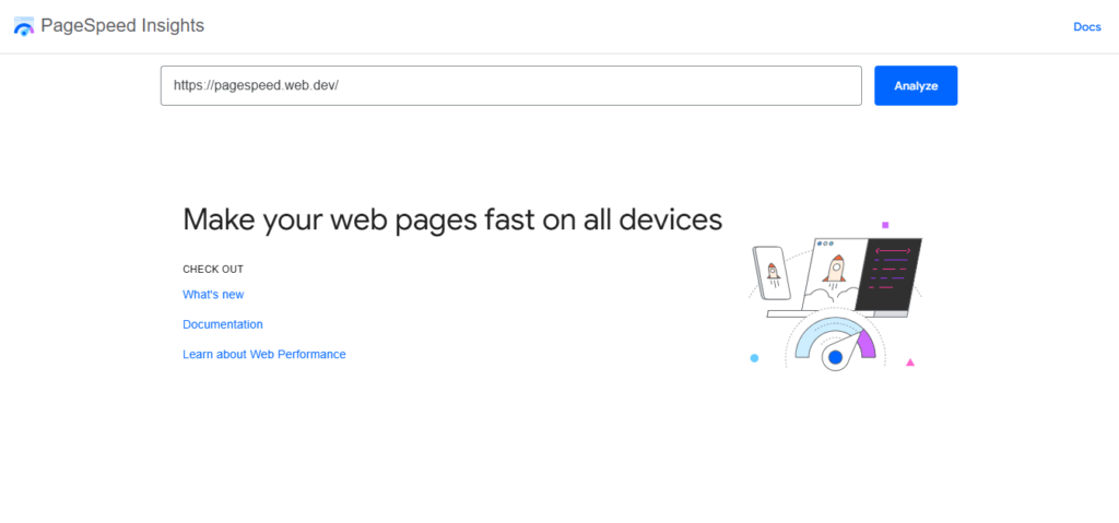 Google PageSpeed Insights homepage with URL input and "Analyze" button.