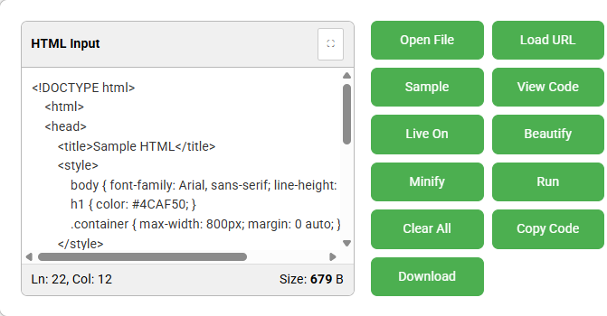 HTML Viewer input panel with editable HTML code and action buttons like Run, Beautify, and Minify.