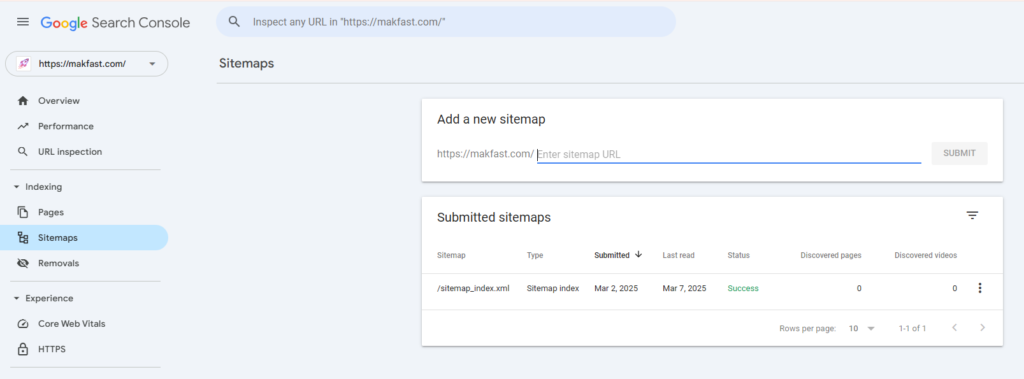 Google Search Console's Sitemaps section for makfast.com