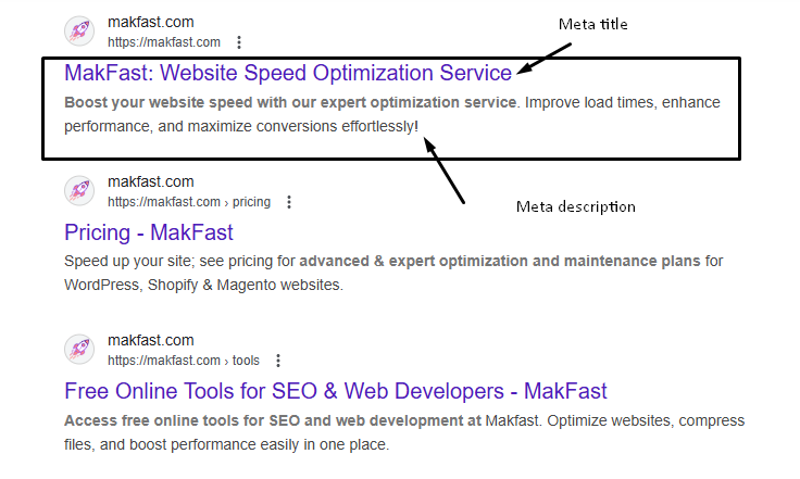 Google search result snippet highlighting the meta title and the meta description
