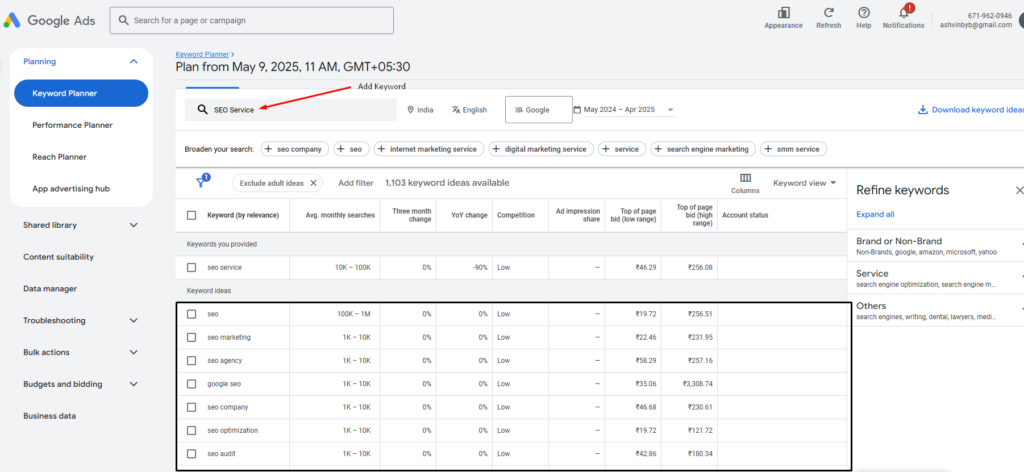 Google Ads Keyword Planner showing SEO-related keywords, search volumes, competition, and CPC data