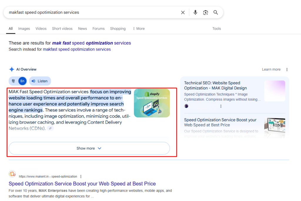Google search result for "makfast speed optimization services" showing a snippet