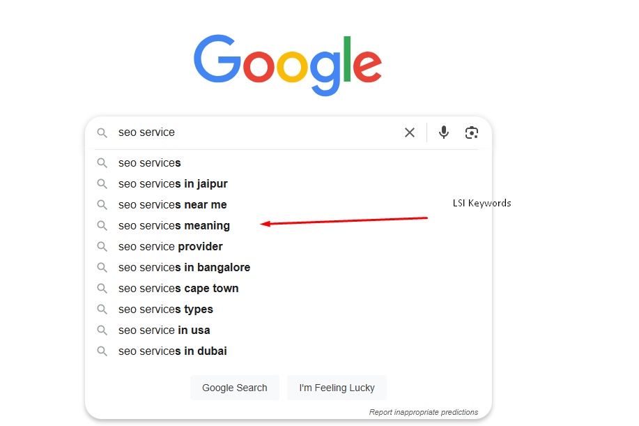 Google search autocomplete suggestions for the query seo service