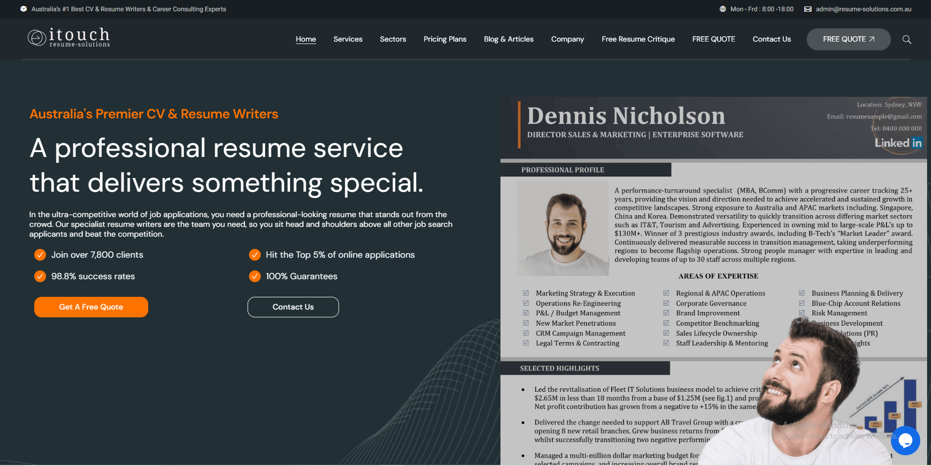 iTouch Resume Solutions homepage with resume service and sample.