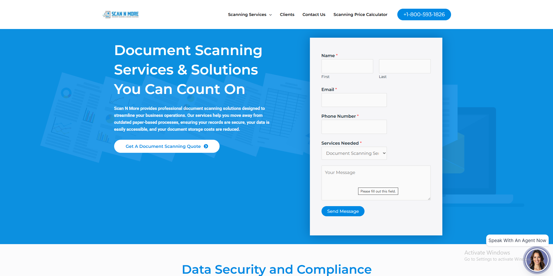 Scan N More homepage with scanning services, quote button, and contact form.