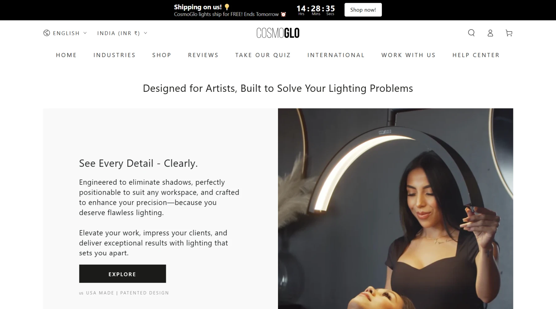 Website displaying lighting solutions and design inspirations.