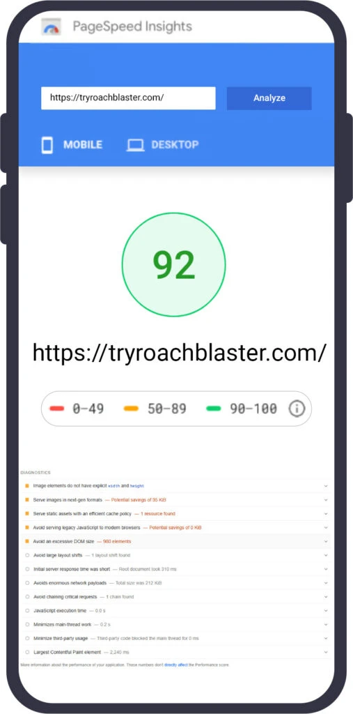 Google PageSpeed Insights showing a Desktop performance score of 92