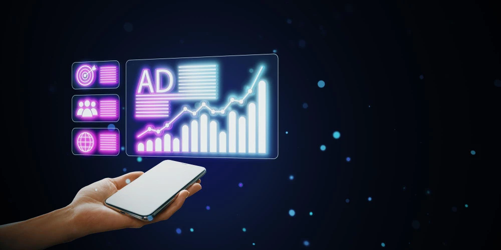 eCommerce ad data with rising sales graph and marketing icons