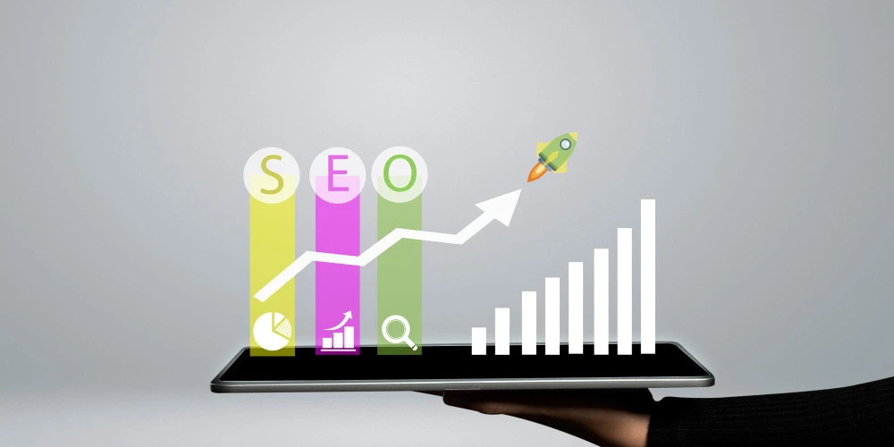 eCommerce SEO with search, traffic growth, and analytics icons