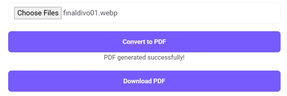 Images to PDF Converter tool with an uploaded file, a 'Convert to PDF' button, a success message, and a 'Download PDF' button.