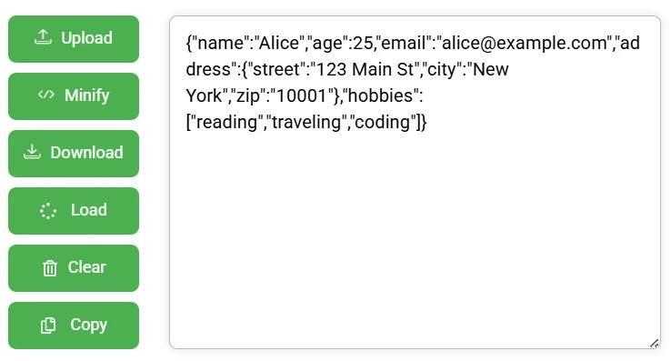 "Screenshot of a JSON Minification Tool showing a minified JSON output in a text box, with green action buttons for uploading, minifying, downloading, loading, clearing, and copying JSON data