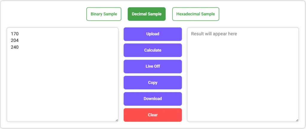 Logic Gates AND Calculator showing decimal inputs "170", "204", "240" with empty result area.