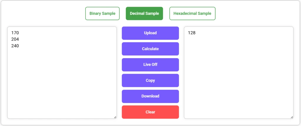 Logic Gates AND Calculator showing decimal inputs "170", "204", "240" with result "128" displayed.