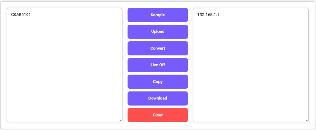Hex to IP converter output screen showing "192.168.1.1