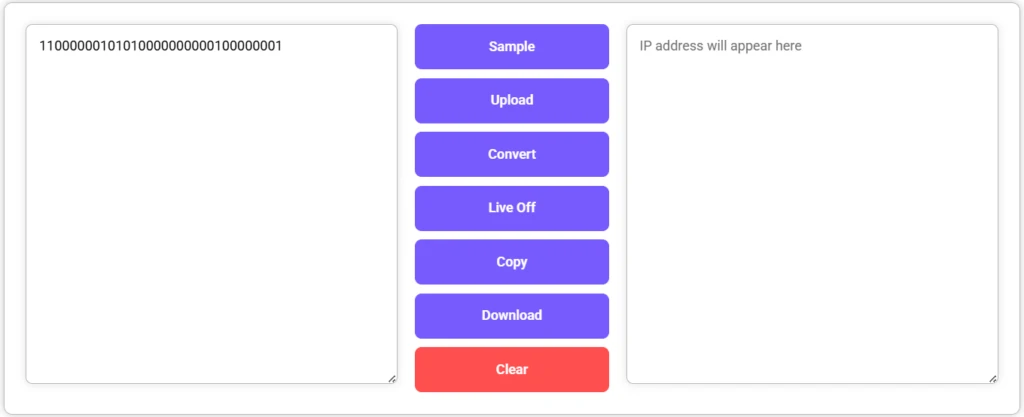 Text area shows binary "11000000101010000000000000000001", IP output area is empty.