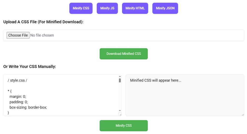 CSS minifier tool interface with file upload, manual input box, minified output area, and action buttons.