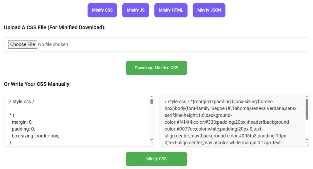 Updated CSS minifier tool showing original and minified CSS side by side, with file upload and action buttons.