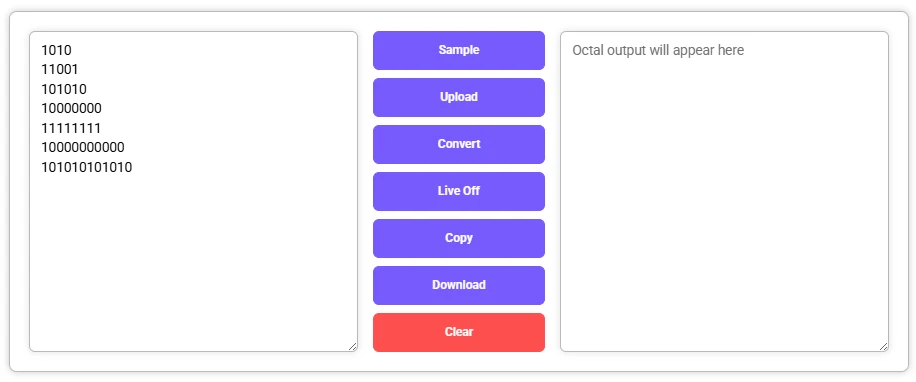 Binary to Octal Converter with input values and empty binary output