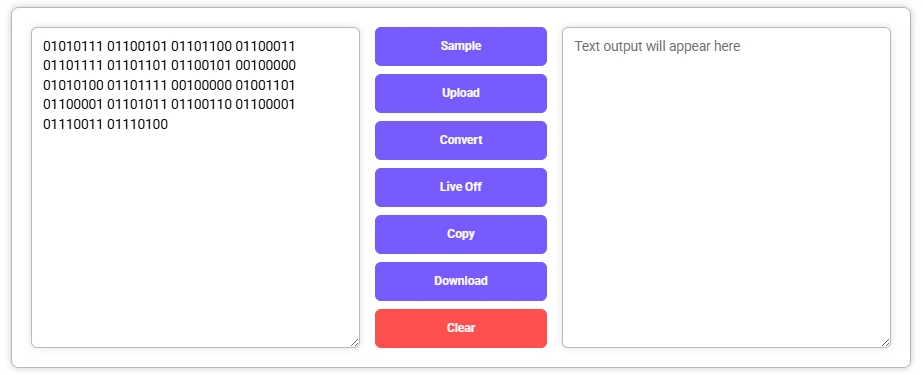 Binary to Text Converter with input values and empty binary output