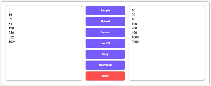 Decimal to Octal Converter with number inputs, outputs, and control buttons
