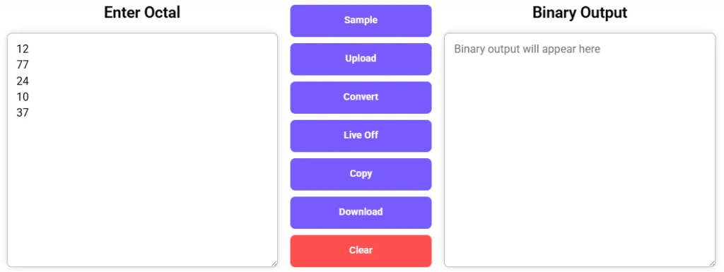 Octal to Binary Converter with input values and empty binary output.