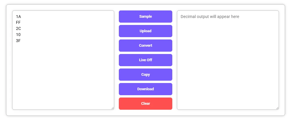 Hex to Decimal Converter with input values entered, output panel is empty.