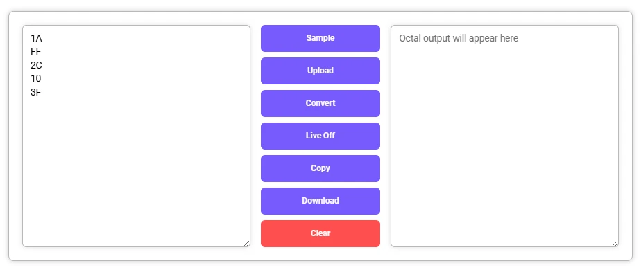 Hexa to Octal Converter with hex input entered, no output yet.