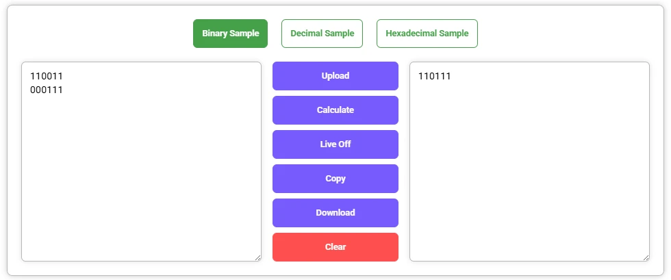 Logic Gates OR Calculator showing binary inputs "110011" and "000111", with the OR result "110111" displayed.