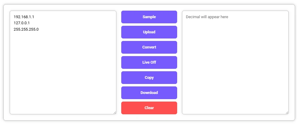 IP to Decimal Converter with input IPs and empty output.