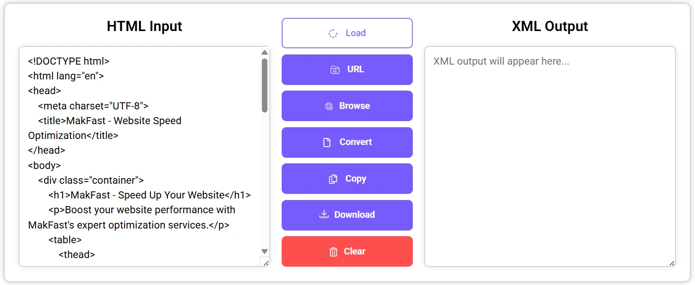 HTML to XML converter tool showing HTML input