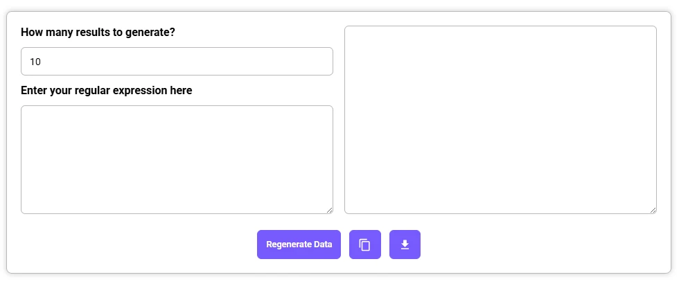 Random Data Generator interface with input for number of results and a blank regular expression field.