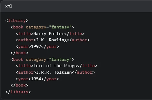 XML with two fantasy books: "Harry Potter" and "Lord of the Rings"