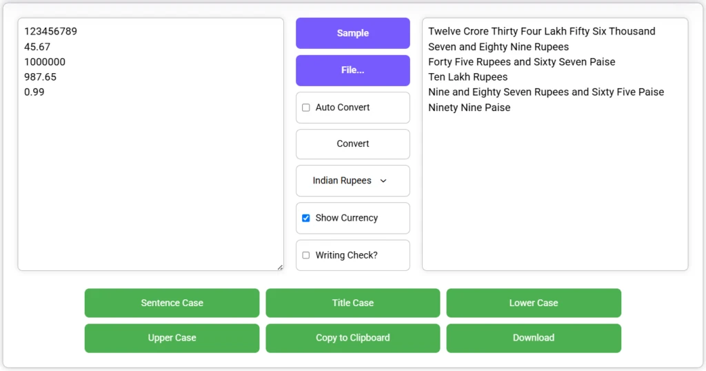 Number to Word converter tool showing numeric input and converted currency text output.
